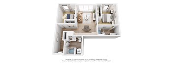A 3D floor plan of a small apartment with a kitchen, living room, and bathroom.
