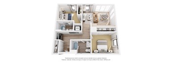 A 3D floor plan of a house with a kitchen, living room, and bathrooms.