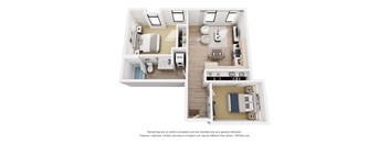 A floor plan of a two-bedroom apartment with a kitchen, living room, and bathroom.