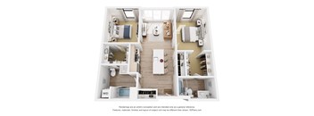 A 3D floor plan of a house with a kitchen, living room, and two bedrooms.