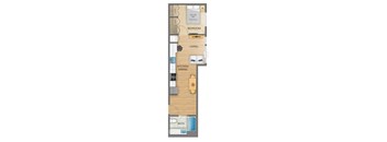 A floor plan of an apartment with a bedroom, living room, kitchen/dining area, and bathroom.