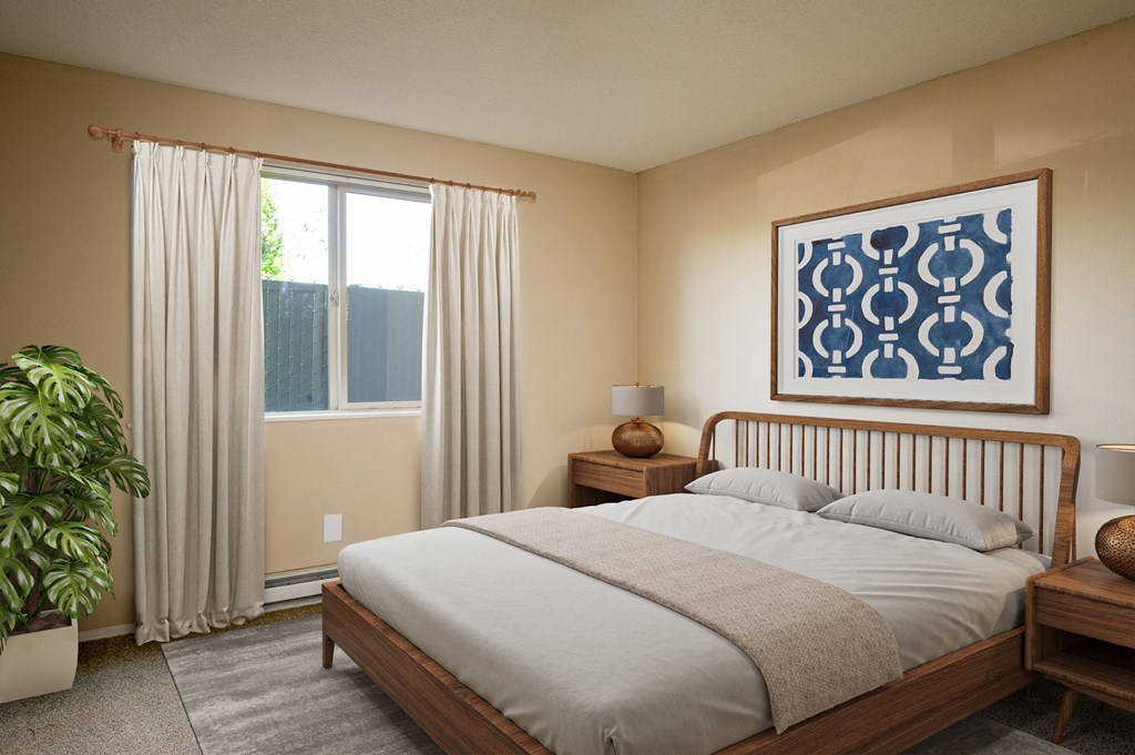 a bedroom with a bed and a window with white curtains