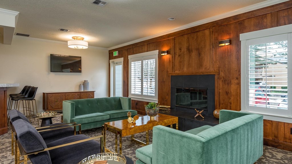 Riverwood | Lounge Area Velvet Couches with Fireplace