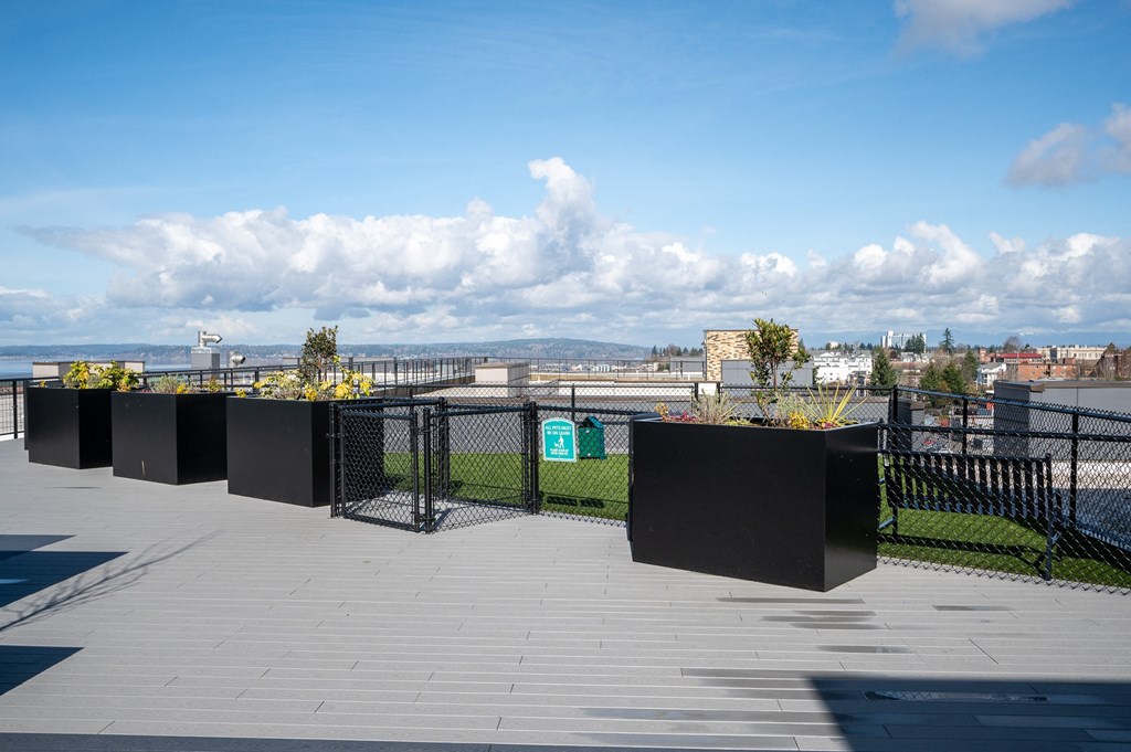 a rooftop patio with a view of the city