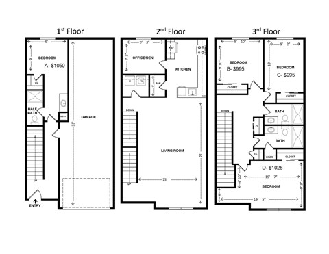 A diagram shows the layout of the first, second and third floors of a building.