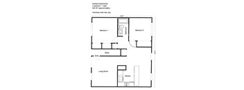 A floor plan for a 2 bedroom, 1 bath apartment with a living room and kitchen.