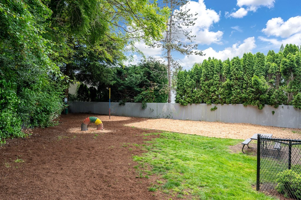 a yard with a fence and playing equpiment in the dirt