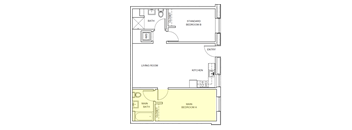 A floor plan of a house with two bedrooms, a living room, a kitchen, and a main bath.