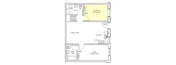A floor plan of a house with a living room, kitchen, two bathrooms, and two bedrooms.