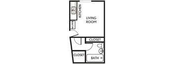A floor plan of a small apartment with a kitchen, living room, and bathroom.