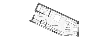 A floor plan of a small apartment with a living and sleeping room.