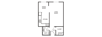 A floor plan of a small apartment with a kitchen, living room, and bathroom.