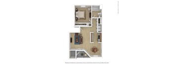 A floor plan of a house with a living room, kitchen, and two bedrooms.