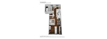 A floor plan of a one bedroom apartment with a living room, kitchen, and bathroom.