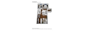 A floor plan of a 2 bedroom apartment with a living room, kitchen, and bathroom.