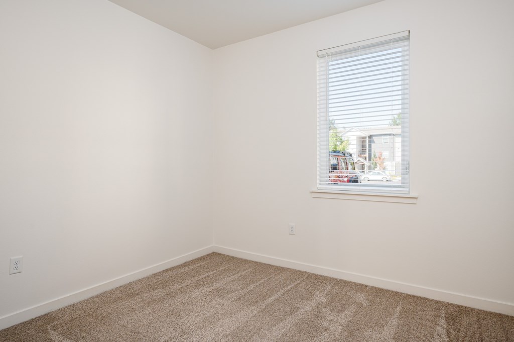 A room with a carpeted floor and a window with blinds.