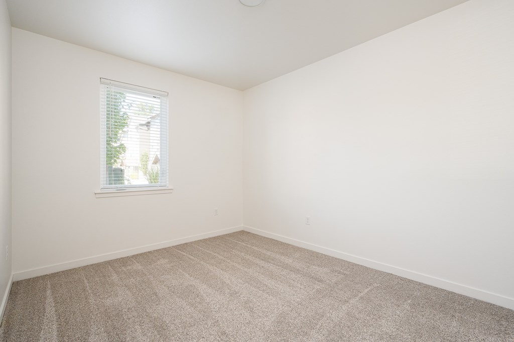 A room with a carpeted floor and a window.