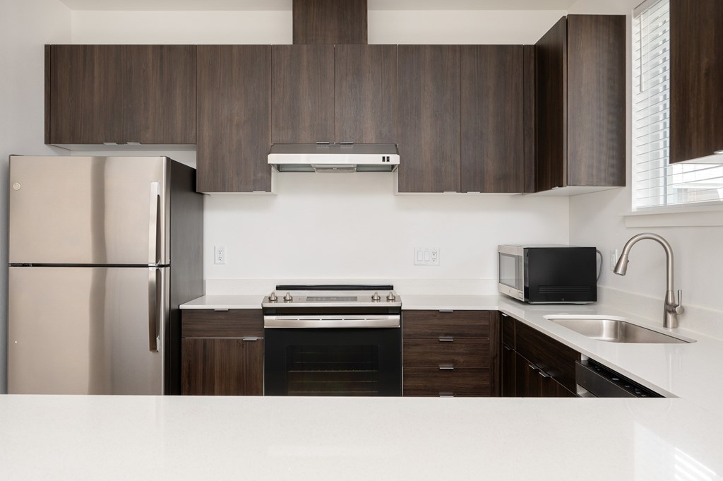A modern kitchen with dark brown cabinets and stainless steel appliances.