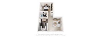 A 3D floor plan of a small apartment with two bedrooms and a living room.