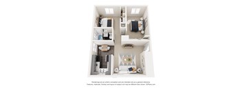 A 3D floor plan of a small apartment with two bedrooms, a living room, and a kitchen.