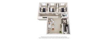 A 3D floor plan of a house with a kitchen, living room, and two bedrooms.