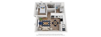 A 3D floor plan of a small apartment with a kitchen, living room, and bedroom.