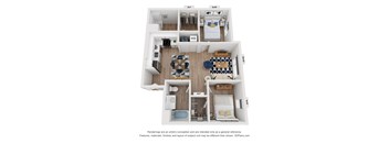 A 3D floor plan of a small apartment with a kitchen, living room, and two bedrooms.