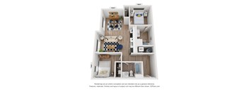 A 3D floor plan of a small apartment with a living room, kitchen, and bathroom.