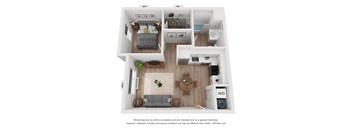 A 3D floor plan of a small apartment with a bedroom, living room, kitchen, and bathroom.