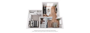 A 3D floor plan of a small apartment with a kitchen, living room, and bathroom.
