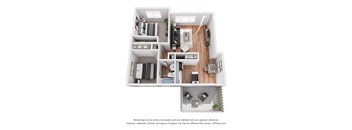 A 3D floor plan of a house with a kitchen, living room, and two bedrooms.