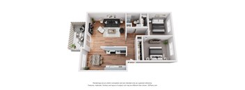 A 3D floor plan of a modern apartment with a living room, kitchen, and bedrooms.