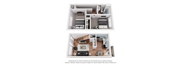 A floor plan of a two-bedroom apartment with a living room and kitchen area.