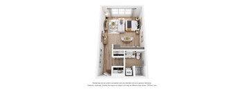 A 3D floor plan of a small apartment with a kitchen, living room, and bathroom.