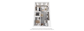 A 3D floor plan of a small apartment with a kitchen, living room, and bathroom.