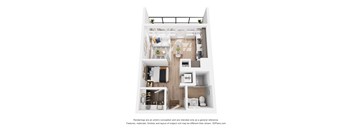 A 3D floor plan of a small apartment with a kitchen, living room, and bathroom.