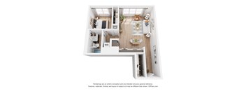 A 3D floor plan of a house with a kitchen, living room, and two bedrooms.