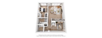 A 3D floor plan of a small apartment with a kitchen, living room, and bathroom.