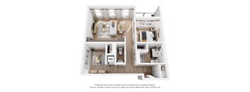 A 3D floor plan of a small apartment with a living room, kitchen, and bathroom.