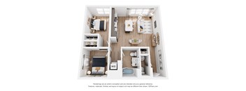 A 3D floor plan of a small apartment with a kitchen, living room, and bathroom.