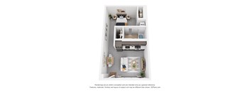 A 3D floor plan of a small apartment with a kitchen, living room, and bathroom.