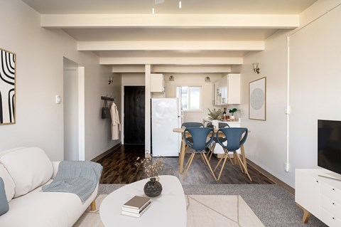 A living room with a white sofa, a grey rug, a white coffee table, a blue chair and a white cabinet.