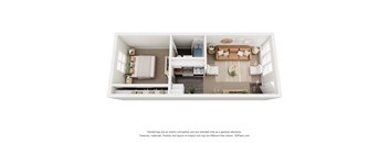 A 3D floor plan of a small apartment with a living room, kitchen, and bathroom.