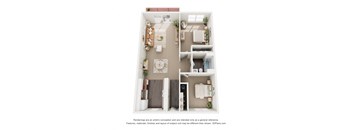 A 3D floor plan of a small apartment with a living room, kitchen, and bedroom.