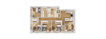 A detailed 3D floor plan of a house showing all rooms and their layouts.