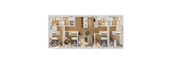 A detailed 3D floor plan of a multi-room apartment.