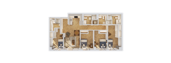 A 3D rendered image of a house layout.