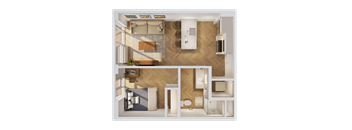A top-down view of a modern apartment with a living room, kitchen, and bathroom.