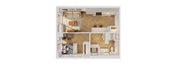A top-down view of a living room and kitchen area with a herringbone patterned floor.