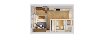 A collage of a bedroom with a bed, nightstand, and a bathroom with a toilet and sink.